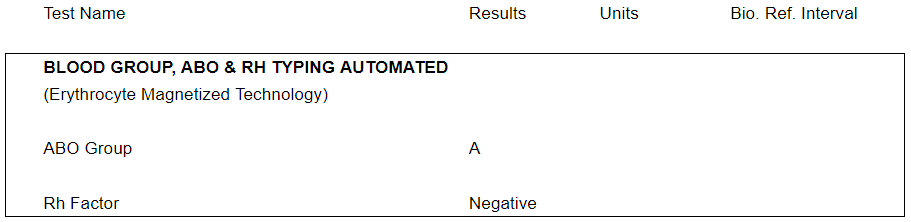 a sample report of blood group ABO typing
