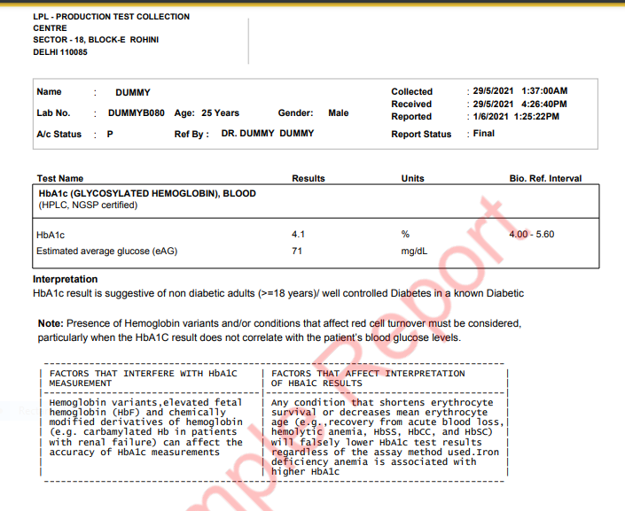 The Sample Report of HbA1c Test Result