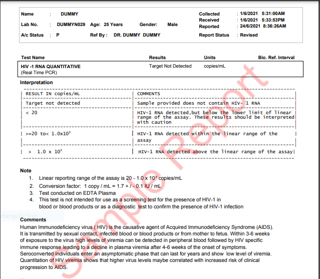 Sample report of HIV 1 RNA Quantitative (Real Time PCR Test)