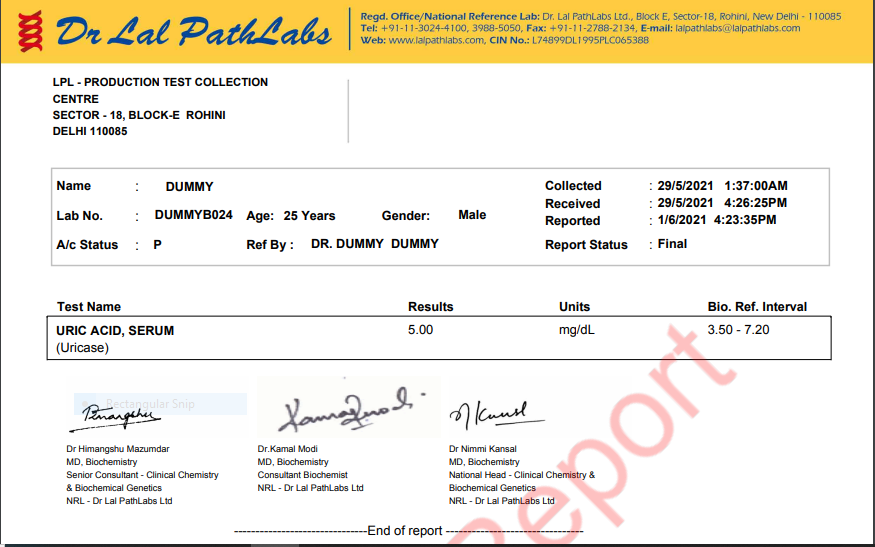Sample Report of Uric acid blood test.