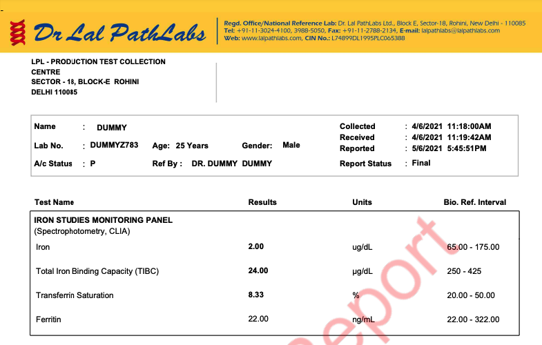 sample report with reference range