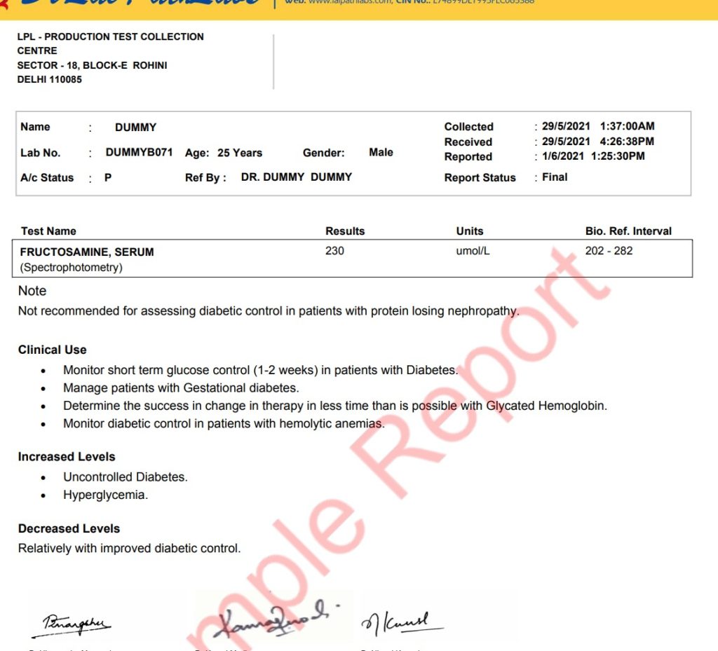 Fructosamine Sample Report