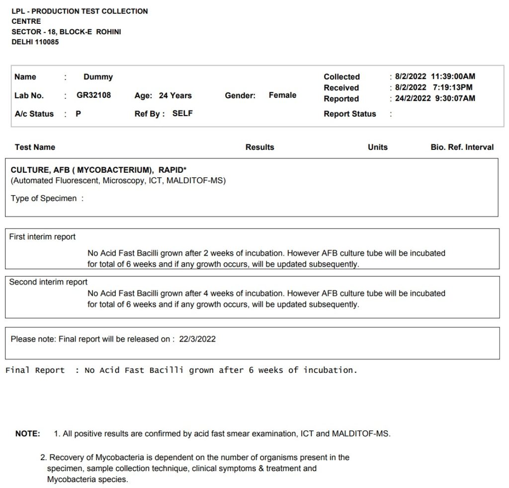 AFB CULTURE SAMPLE REPORT