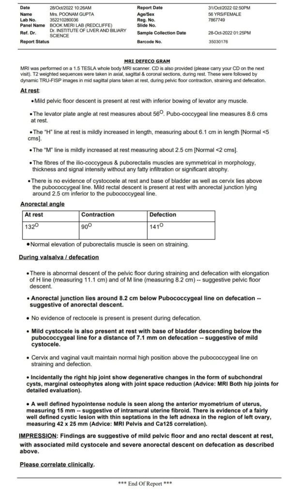 sample report of MRI defecogram