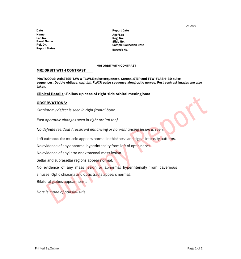 sample report for MRI Orbit