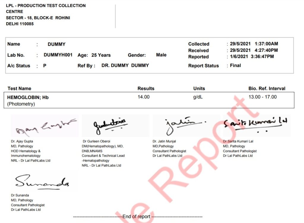 Sample Report Hemoglobin