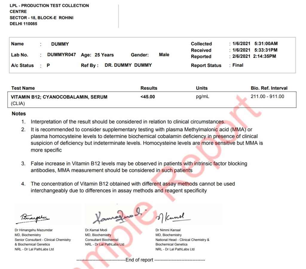 VITAMIN B12 SAMPLE REPORT 