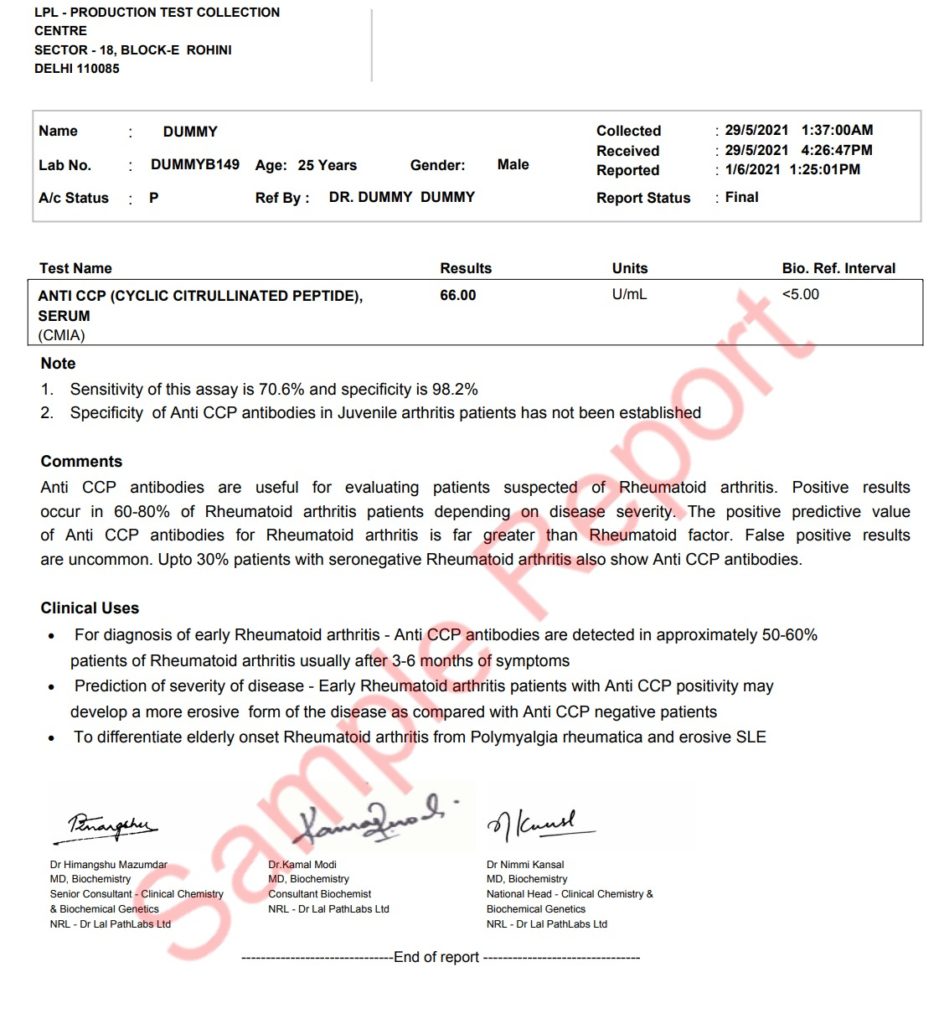 anti-CCP test sample report