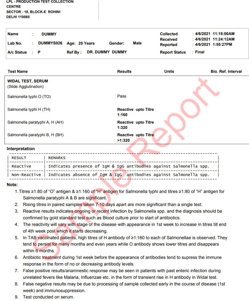 widal test sample report